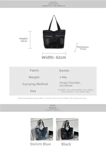 Detail view of denim tote bag showing size specs and dual zipper pocket features