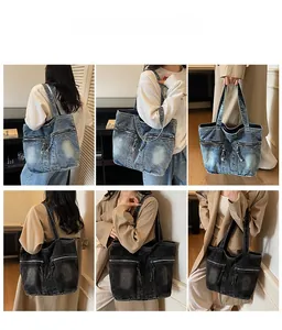 Detailed views of vintage washed denim tote bag in light blue and dark grey with zip pockets