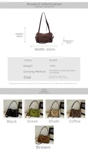 Guide des tailles détaillé pour sac bandoulière en suède avec dimensions et coloris