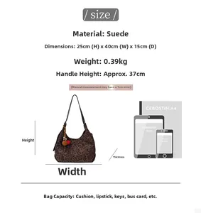 Size chart showing large leopard print suede tote dimensions and material specifications