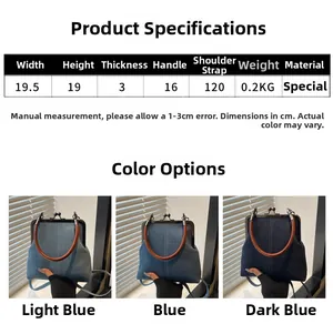 Detailed size chart and specifications for the handmade denim patchwork handbag