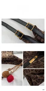 Detail of leopard print suede tote with gold zipper, leather strap and colorful pompom