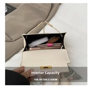 Detail showing internal storage of cream handbag with phone, wallet and gold buckle