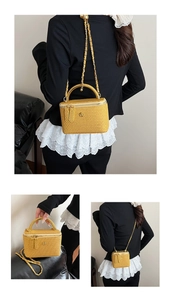 Detailed views of yellow woven vanity case with golden handle and chain strap