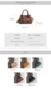 Detailed size specifications and material close-up for suede tote bag with dimensions