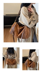 Vue détaillée du sac cylindrique en daim marron avec sangles en cuir et boucles métal