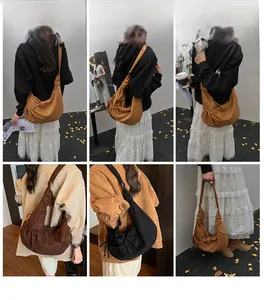 Collage of model wearing vintage pleated crossbody hobo bag in various retro colors