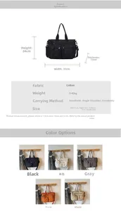 Detailed size specifications for large nylon tote bag with multiple carrying options
