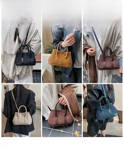 Detailed view of color options for the minimalist faux suede handbag in multiple outfits