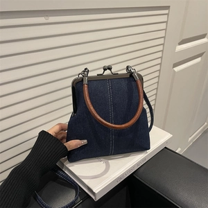 Vintage Denim Kiss-Lock Τσάντα Χιαστί για Γυναίκες Patchwork Doctor Τσάντα Χειρός Με Στρογγυλή Λαβή Retro Casual Τσάντα Ώμου