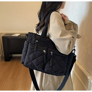 Detail of black quilted shoulder bag featuring multi-pocket design and wide woven strap
