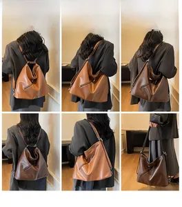 Multi-angle view of large vintage PU leather tote backpack showing different carrying styles
