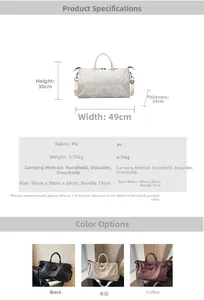 Detailed size specifications and color options for large woven leather travel bag