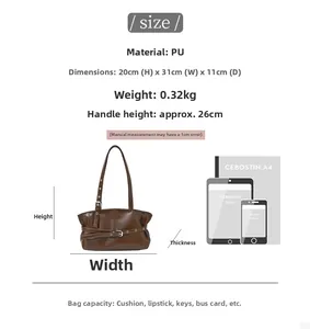 Detailed size guide for brown PU leather tote bag showing dimensions and capacity