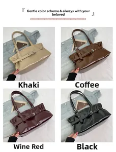 Collage of four vintage large-capacity shoulder bags in khaki, brown, burgundy, and black