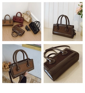 Detail view of vintage multi-color faux leather handbags with adjustable shoulder straps