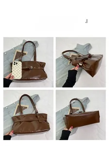 Four-angle view of the dark brown wax leather tote bag from front, side and back