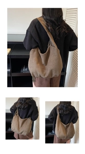 Vista dividida en tres de un bolso hobo de ante marrón que muestra varios ángulos