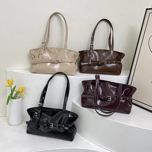 Vintage large capacity underarm tote bags in glossy leather with belt buckle details