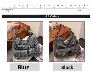 Détails du sac fourre-tout en denim vintage montrant plusieurs poches et finitions rétro