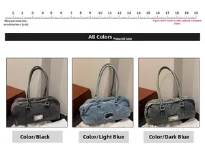 Detailed size comparison of denim boston bags in black and blue with 20cm ruler