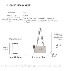 Detailed size comparison of beige PU square bag next to a phone showing 21x10x5cm dimensions