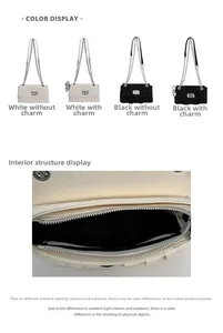 Detail of pleated crossbody bag interior with zipper pocket and silver chain strap
