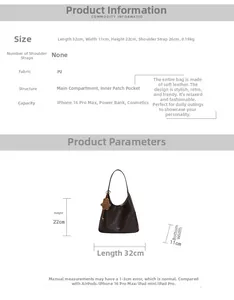 Detailed size chart for the PU leather hobo bag showing 32x11x22cm dimensions