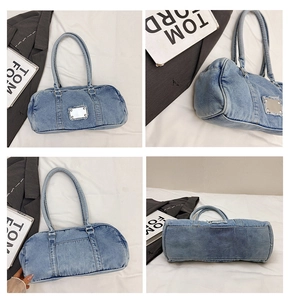 Detailed four-way view of light blue denim bucket bag with metallic logo and stitching