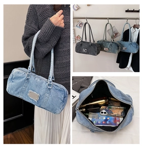 Detailed view of washed denim tote bags in three colors with spacious interior storage