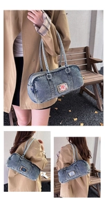 Three-view montage of retro washed denim underarm bag with vintage patch detail
