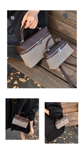 Detail view of contrast herringbone fabric handbags in large and small sizes