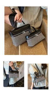 Detail view of contrast stitching handbag set with black leather and herringbone fabric texture