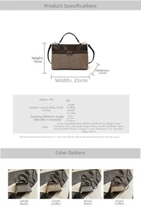 Size chart showing large and small PU leather crossbody bag dimensions and specifications