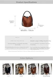 Detailed size guide and four-color options for vintage suede bucket handbag