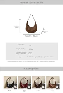 Detailed size chart and multi-color options for the minimalist faux leather hobo bag