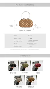 Size guide for polka dot suede crossbody bag with dimensions and metal handle detail