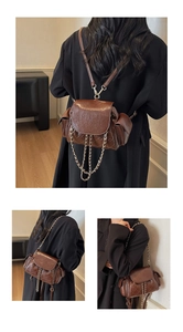 Detailed views of brown quilted oil wax leather backpack with chain accent and adjustable straps