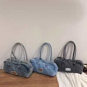 Vintage denim tote bags in grey and blue washes with rectangle patchwork and double handles