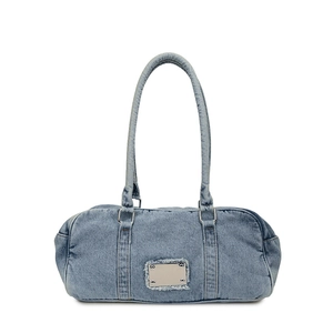 Retro washed denim boston bag with silver metal plaque and Y2K aesthetic style