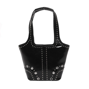 Retro black patent leather shoulder bag with punk silver studs and wide handle