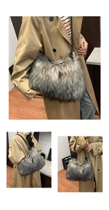 Détail du sac à bandoulière en fausse fourrure noire et grise avec lanière en cuir