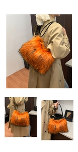 Détail du sac à bandoulière en fausse fourrure orange avec fines anses en cuir noir