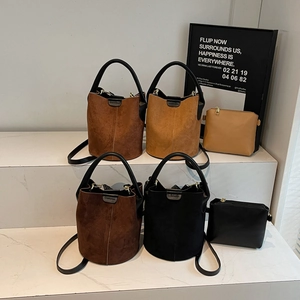 Retro matte suede bucket bag set with matching inner pouch and leather shoulder strap