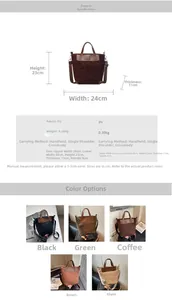 Detailed spec sheet of a vintage PU leather tote showing dimensions and strap options