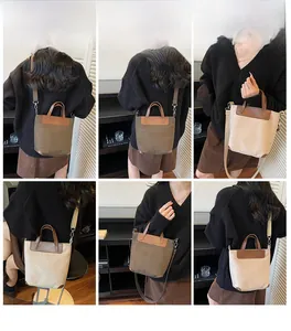 Detailed views of stylish canvas tote bags with leather trim in army green and beige