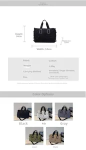 Detailed size chart for quilted fitness bag showing dimensions and five color options