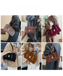 Collage of model carrying retro suede underarm bags in various vintage colors and angles