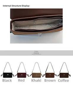 Detail view of small square crossbody bag showing internal zipper and five color options