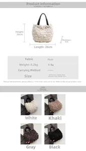 Detailed size chart and specifications for the plush floral patterned tote handbag